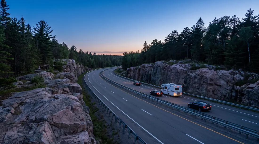 Generated photograph: a four-lane divided highway curving through pink granite rock cuts and pine forest at blue hour, with a motorhome and cars on the road.