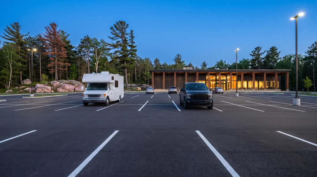 Generated photograph: a large lit parking lot at dusk with a white motorhome and a pickup parked in the far stalls, a low timber and glass building and pines behind.